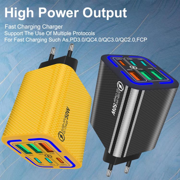 Chargeur de téléphone portable 6 ports 3USB+3Type-C 50W charge rapide, prise EU (Noir), prise EU (Blanc), prise EU (Jaune), prise US (Noir), prise US (Blanc), prise US (Jaune), prise UK (Noir), prise UK (Blanc), prise UK (Jaune)