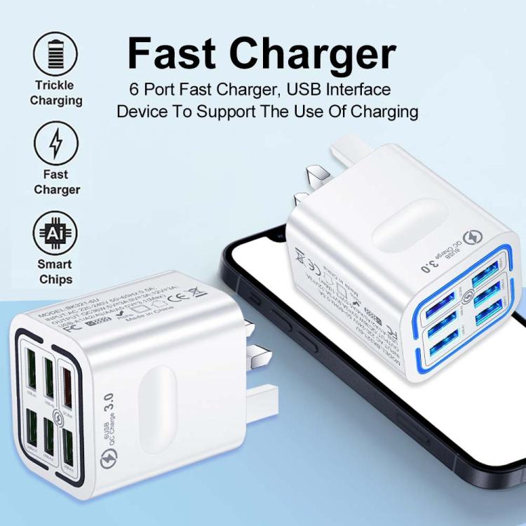Chargeur de téléphone à charge rapide multi-port 6USB BK321, prise EU (Noir), prise EU (Blanc), prise EU (Jaune), prise US (Noir), prise US (Blanc), prise US (Jaune), prise UK (Noir), prise UK (Blanc), prise UK (Jaune)