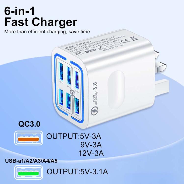 Chargeur de téléphone à charge rapide multi-port 6USB BK321, prise EU (Noir), prise EU (Blanc), prise EU (Jaune), prise US (Noir), prise US (Blanc), prise US (Jaune), prise UK (Noir), prise UK (Blanc), prise UK (Jaune)