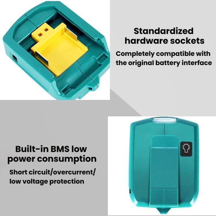 Adaptateur batterie lithium Makita 14,4V/18V avec éclairage LED, double USB + DC
