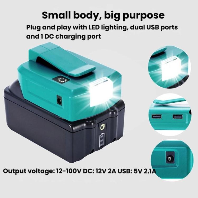 Adaptateur batterie lithium Makita 14,4V/18V avec éclairage LED, double USB + DC
