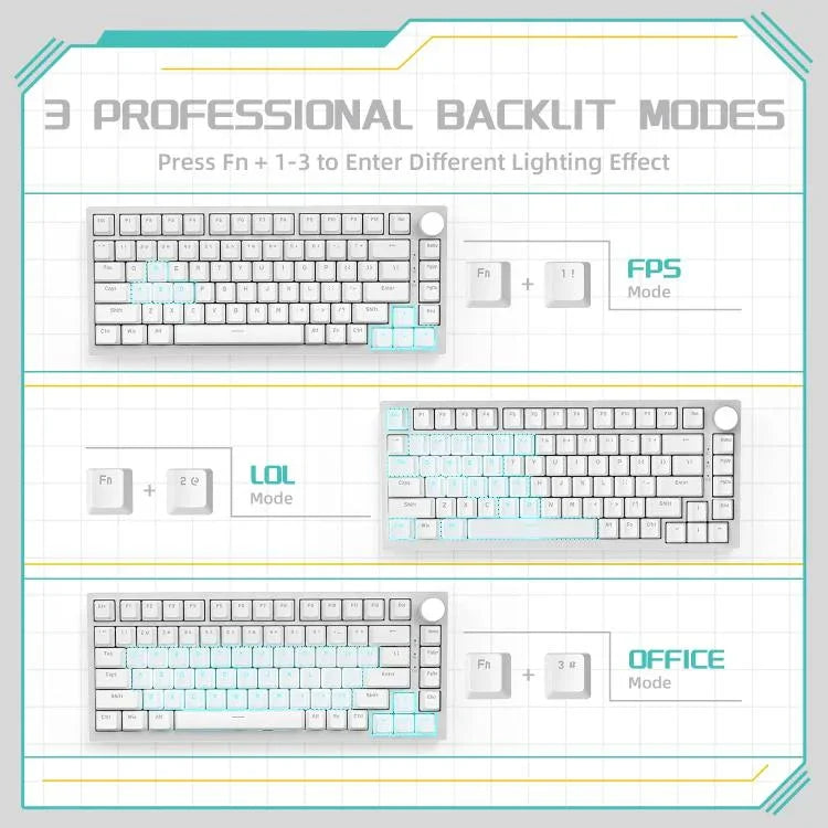 Ajazz AK820 Hot Swappable Wired Mechanical Keyboard With Light, Green Switch Ice Blue Light White, Red Switch White Light Black, AS Red Switch White Light Gray White, HP Switch White Light White Gray, Sea Salt Switch RGB Purple White Blue              ...