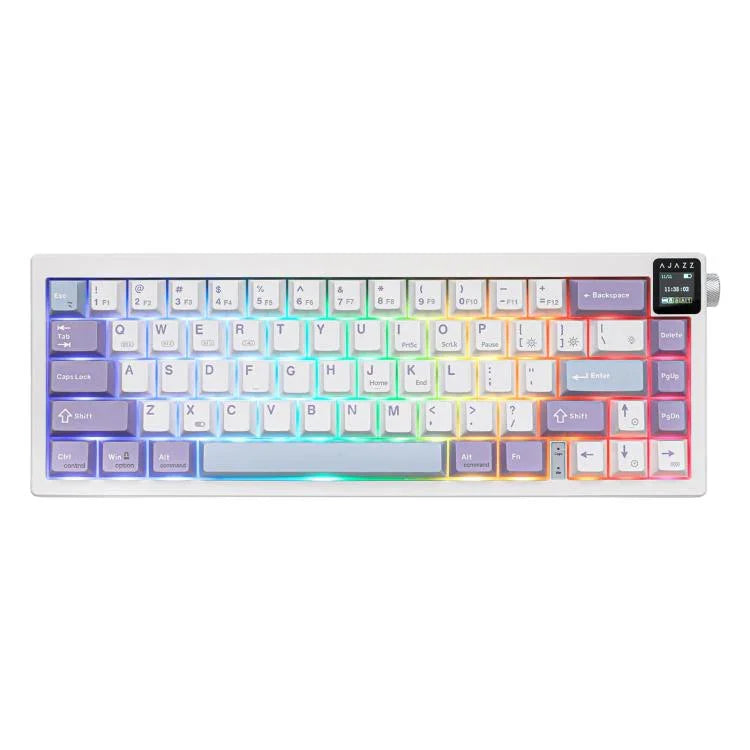 Clavier mécanique sans fil tri-mode Ajazz AK650 avec écran et molette, éclairage RGB, interrupteur Flying Fish violet blanc bleu, interrupteur Dream violet blanc bleu, interrupteur Dream noir gris jaune, interrupteur Dream gravé latéralement dégradé mûre