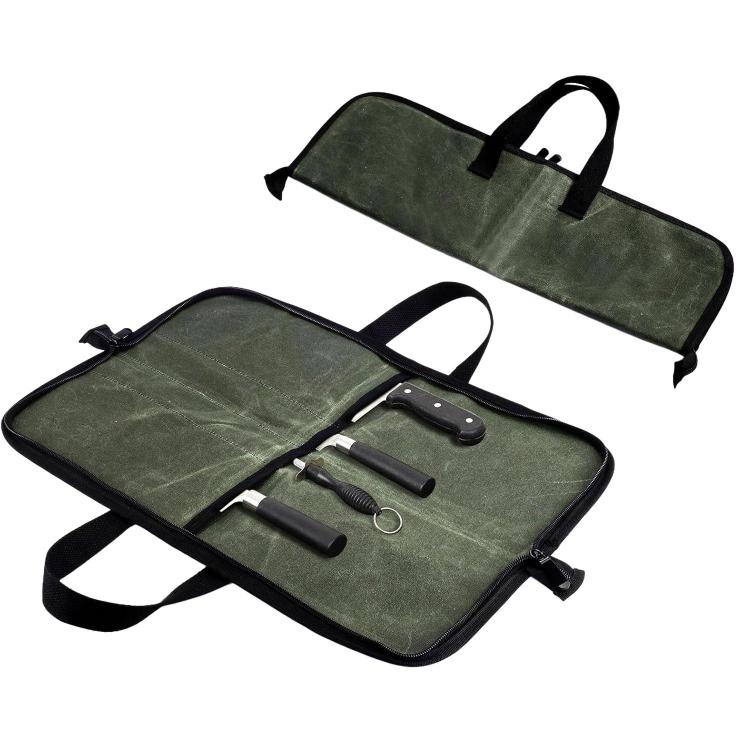 Organisateur de couteaux de camping, sac de rangement portatif pratique pour ustensiles de cuisine, 4 emplacements (Vert armée)