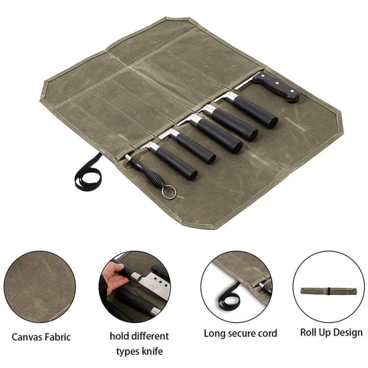 Sac de rangement portable en toile cirée humide pour couteaux de pique-nique, 7 compartiments (vert armée), 7 compartiments (kaki)