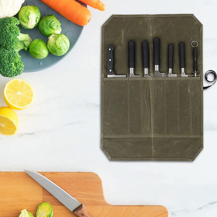 Sac de rangement portable en toile cirée humide pour couteaux de pique-nique, 7 compartiments (vert armée), 7 compartiments (kaki)
