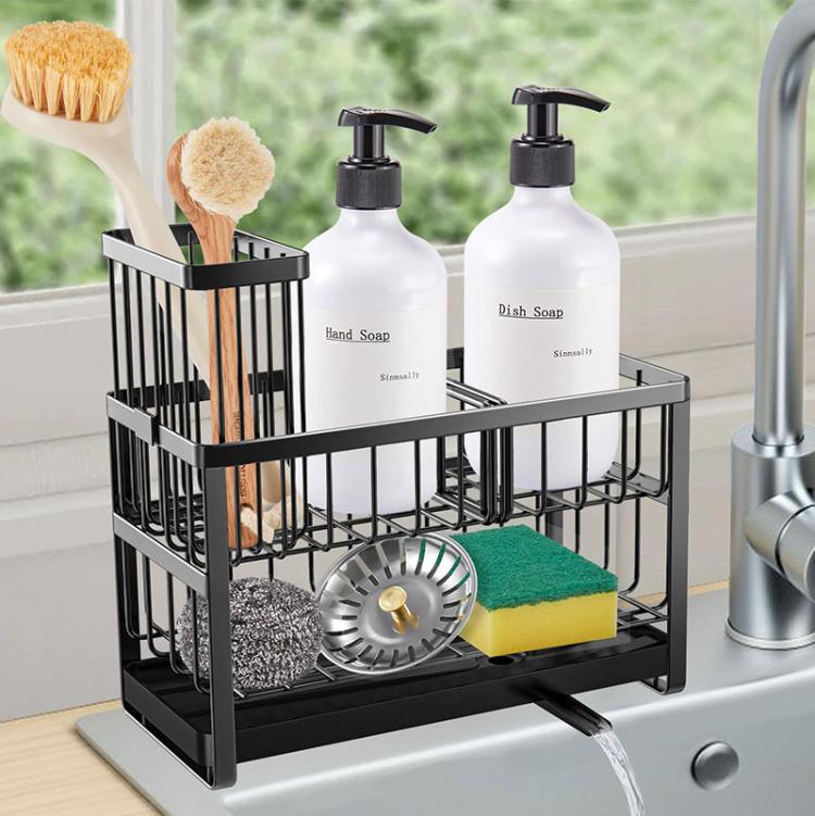 Support de séchage à 2 niveaux pour éponges, organiseur de comptoir d'évier de cuisine pour brosses à récurer, brosses longues et torchons