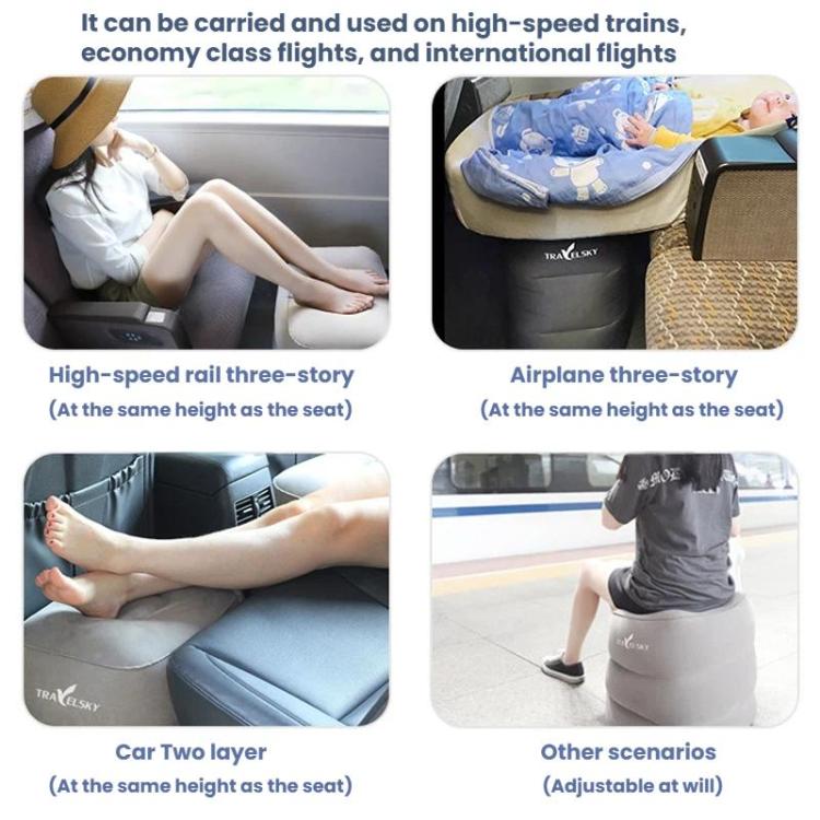 TRAELSKY Pouf gonflable en PVC floqué Repose-pieds pour avion, train, voiture Repose-pieds de bureau avec sac gonflable, 2 couches, 3 couches, Hauteur réglable Double valve