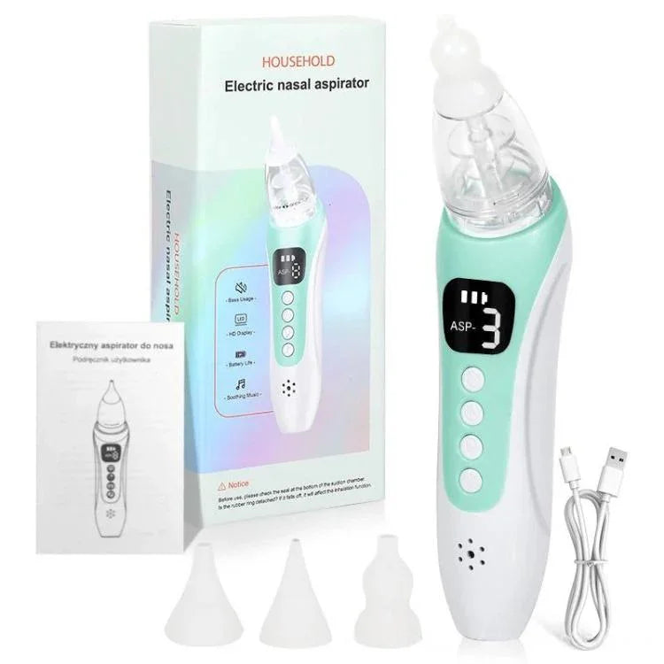 Mouche-bébé électrique avec 3 embouts en silicone de qualité alimentaire, musique apaisante au piano et lumières LED douces