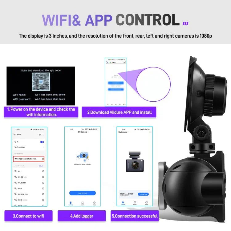 Caméra DVR de voiture 3 pouces 2K avec enregistrement quadruple WIFI, enregistreur de voiture HD avec capteur de gravité 1080P, L5942