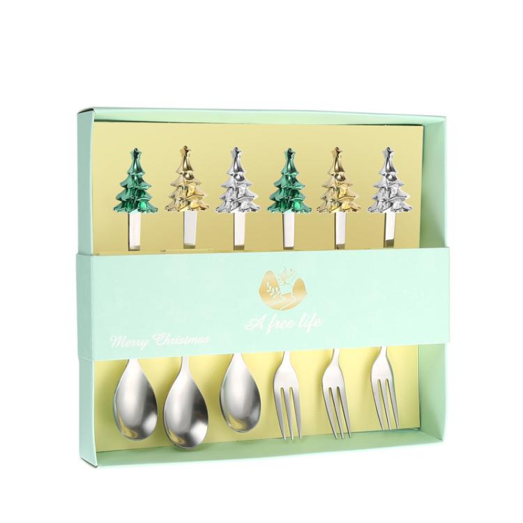 Lot de 6 cuillères à café et fourchettes à dessert en forme de sapin de Noël en acier inoxydable, avec coffret cadeau