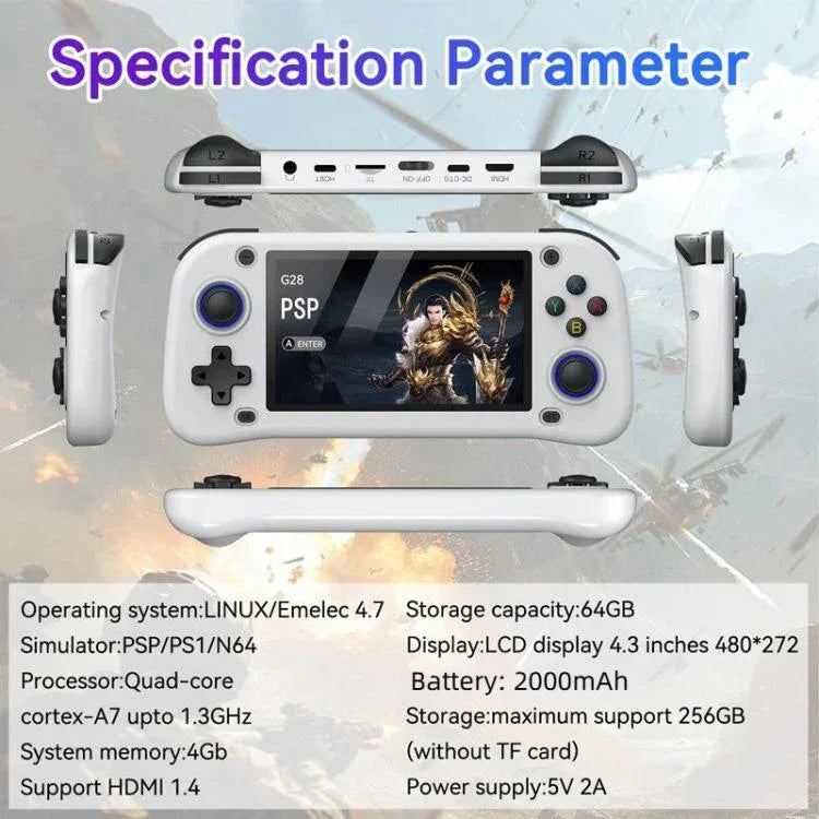 Console de jeu portable open-source G28 4,3 pouces HD écran IPS, ARM quad-core Cortex-A7 1,3 GHz, 64GB