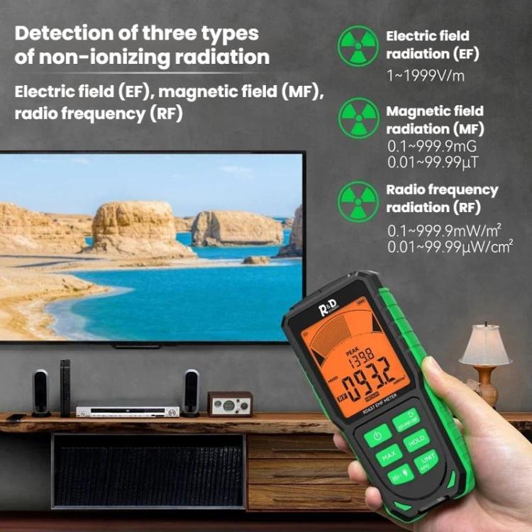R&D INSTRUMENTS RD637 Testeur de rayonnement électromagnétique rechargeable avec affichage numérique et alarme 3 en 1, RD637