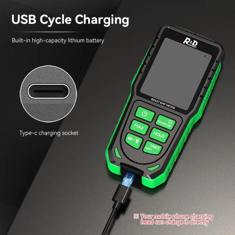 R&D INSTRUMENTS RD637 Testeur de rayonnement électromagnétique rechargeable avec affichage numérique et alarme 3 en 1, RD637