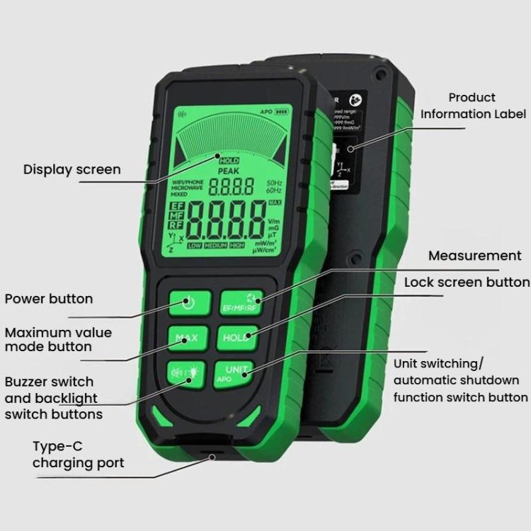 R&D INSTRUMENTS RD637 Testeur de rayonnement électromagnétique rechargeable avec affichage numérique et alarme 3 en 1, RD637