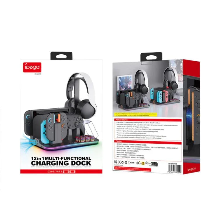 Station de charge multifonction 12-en-1 ipega pour Nintendo Switch 2 / Switch Joy-Con, dock pour manette Pro, ventilateur de refroidissement, organiseur de jeux et casque