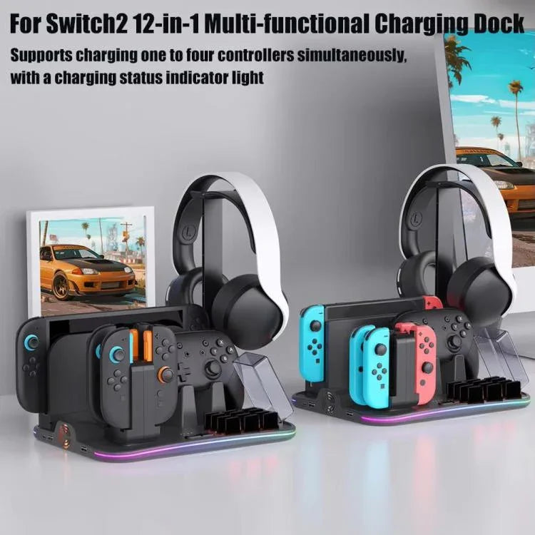 Station de charge multifonction 12-en-1 ipega pour Nintendo Switch 2 / Switch Joy-Con, dock pour manette Pro, ventilateur de refroidissement, organiseur de jeux et casque