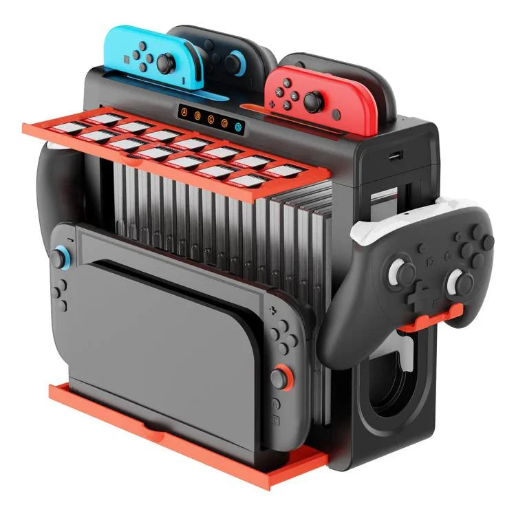 Station de charge et support de rangement multifonction 6-en-1 ipega pour Nintendo Switch 2 / Switch Joy-Con avec 14 emplacements pour cartes de jeu et étui à jeux 16 cases
