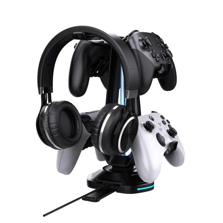 Support de jeu multifonction pour casque et 4 manettes avec double port USB de charge et éclairage RGB