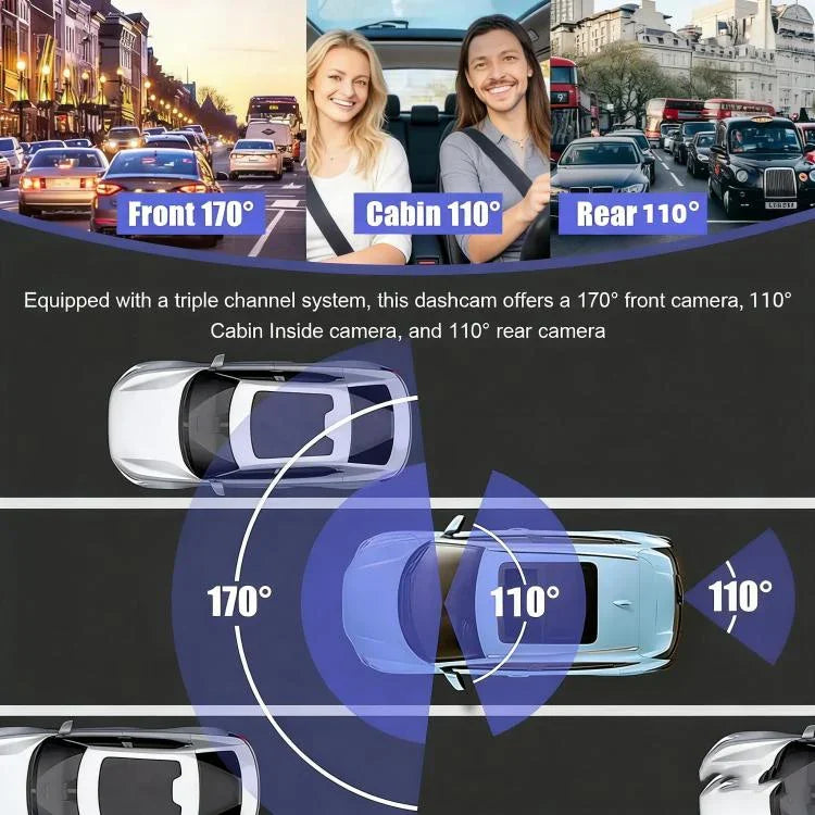 DVR de voiture HD 1080P 3,16 pouces avec vision nocturne infrarouge, avant + intérieur (sans Wi-Fi), avant + intérieur + arrière (sans Wi-Fi), avant + intérieur + connectivité Wi-Fi, avant + intérieur + arrière + connectivité Wi-Fi