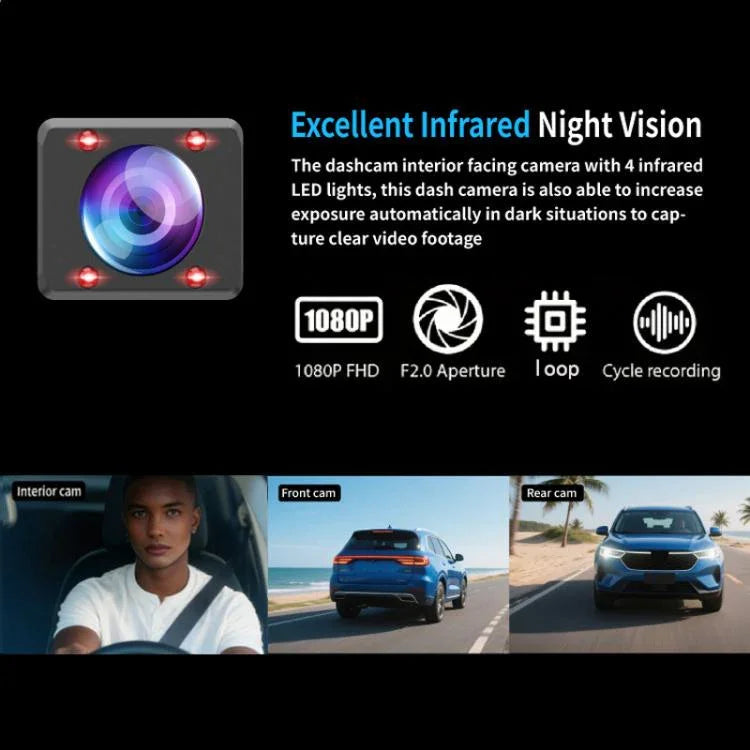 DVR de voiture HD 1080P 3,16 pouces avec vision nocturne infrarouge, avant + intérieur (sans Wi-Fi), avant + intérieur + arrière (sans Wi-Fi), avant + intérieur + connectivité Wi-Fi, avant + intérieur + arrière + connectivité Wi-Fi