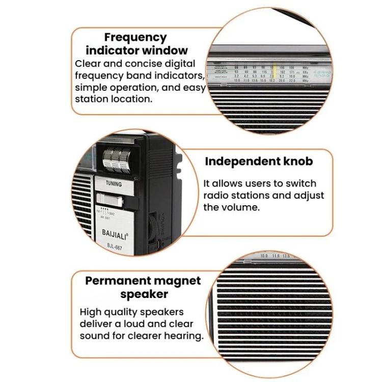 Radio multi-bandes FM AM SW portable BAIJIALI BJL-667 avec bouton indépendant, BAIJIALI BJL-667