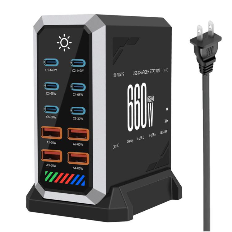 Chargeur de bureau multiprise 6 Type-C + 4 USB 660 W haute puissance en nitrure de gallium, prise US, prise UK, prise EU, prise AU
