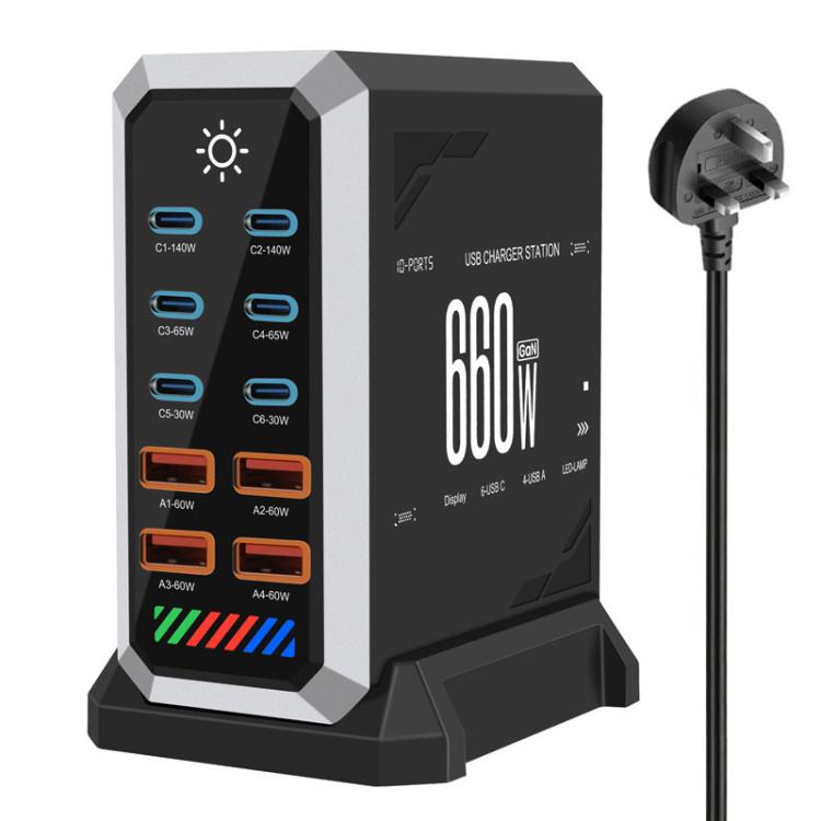 Chargeur de bureau multiprise 6 Type-C + 4 USB 660 W haute puissance en nitrure de gallium, prise US, prise UK, prise EU, prise AU