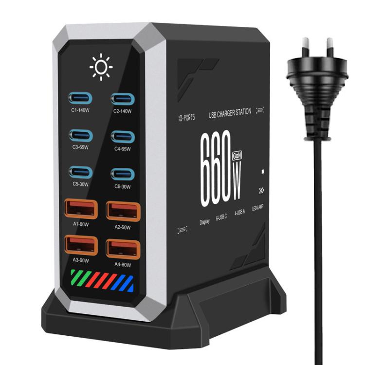 Chargeur de bureau multiprise 6 Type-C + 4 USB 660 W haute puissance en nitrure de gallium, prise US, prise UK, prise EU, prise AU