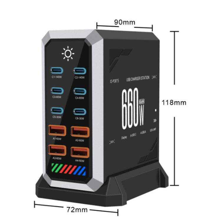 Chargeur de bureau multiprise 6 Type-C + 4 USB 660 W haute puissance en nitrure de gallium, prise US, prise UK, prise EU, prise AU