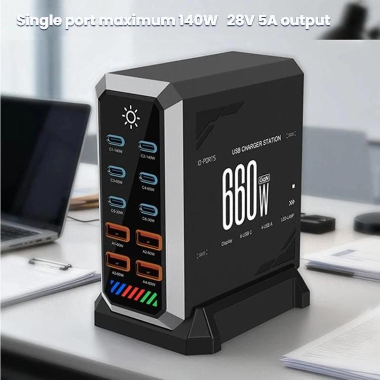 Chargeur de bureau multiprise 6 Type-C + 4 USB 660 W haute puissance en nitrure de gallium, prise US, prise UK, prise EU, prise AU