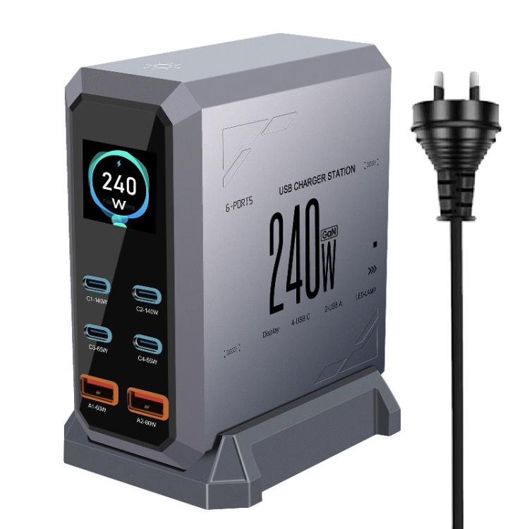 Chargeur 240 W à affichage dynamique multi-ports 4 Type-C + 2 USB à nitrure de gallium, prise AU, prise US, prise EU, prise UK