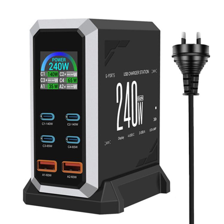 Chargeur 240 W à affichage dynamique multi-ports 4 Type-C + 2 USB à nitrure de gallium, prise AU, prise US, prise EU, prise UK
