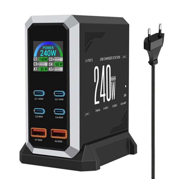 Chargeur 240 W à affichage dynamique multi-ports 4 Type-C + 2 USB à nitrure de gallium, prise AU, prise US, prise EU, prise UK