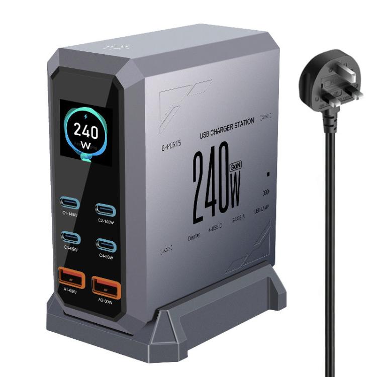Chargeur 240 W à affichage dynamique multi-ports 4 Type-C + 2 USB à nitrure de gallium, prise AU, prise US, prise EU, prise UK
