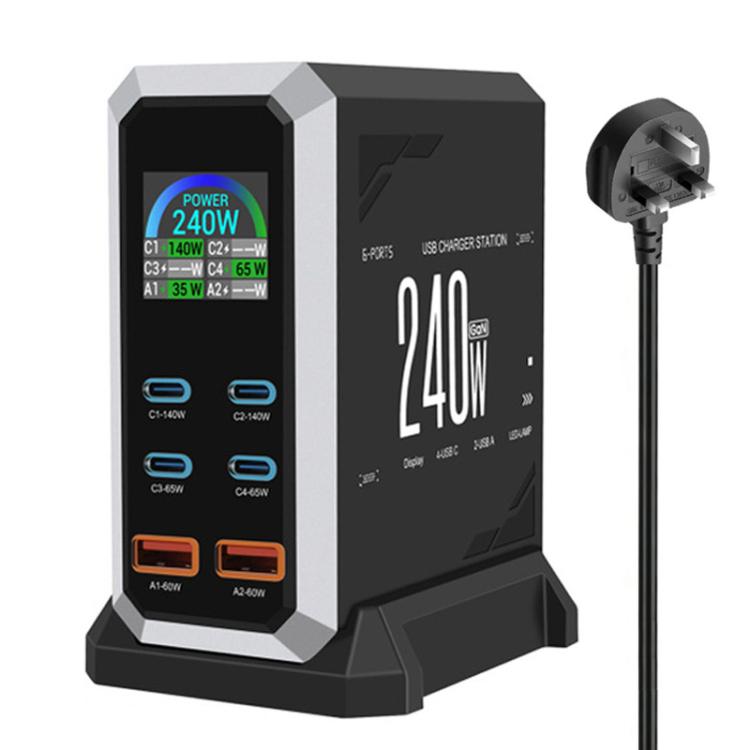 Chargeur 240 W à affichage dynamique multi-ports 4 Type-C + 2 USB à nitrure de gallium, prise AU, prise US, prise EU, prise UK