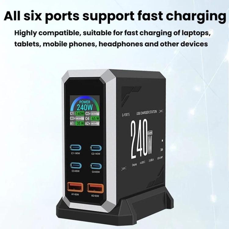Chargeur 240 W à affichage dynamique multi-ports 4 Type-C + 2 USB à nitrure de gallium, prise AU, prise US, prise EU, prise UK
