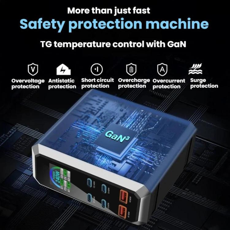 Chargeur 240 W à affichage dynamique multi-ports 4 Type-C + 2 USB à nitrure de gallium, prise AU, prise US, prise EU, prise UK