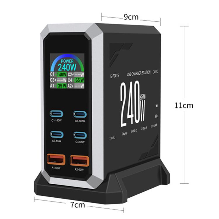 Chargeur 240 W à affichage dynamique multi-ports 4 Type-C + 2 USB à nitrure de gallium, prise AU, prise US, prise EU, prise UK