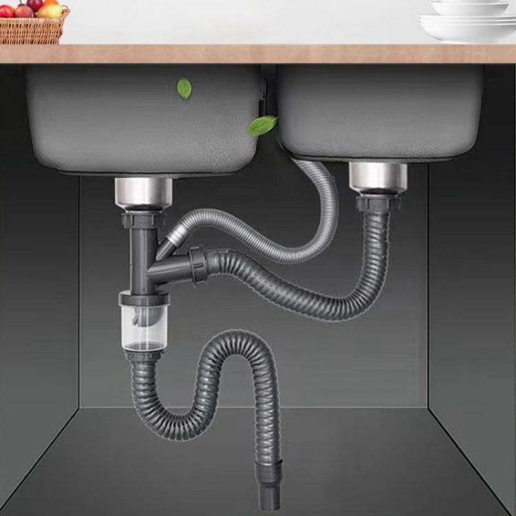 Raccords de tuyauterie d'évier de cuisine en acier inoxydable, ensemble de vidange anti-odeur, tuyau de descente à double fente de 0,6 m, siphon en S à double fente, tuyau de descente à double fente de 1 m