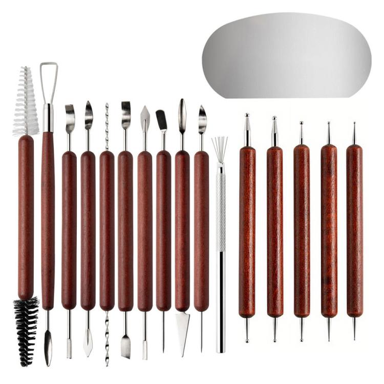 Ensemble d'outils en argile Couteaux de sculpture en acier inoxydable avec manches en bois de rose pour argile polymère, poterie, modelage, artisanat DIY, 17 en 1