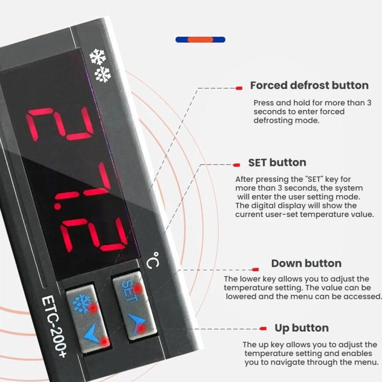Contrôleur de Température Numérique ETC-200+ avec Réfrigération, Chauffage, Dégivrage Différé & Alarme, Version Anglaise 220V, Version Anglaise 110V