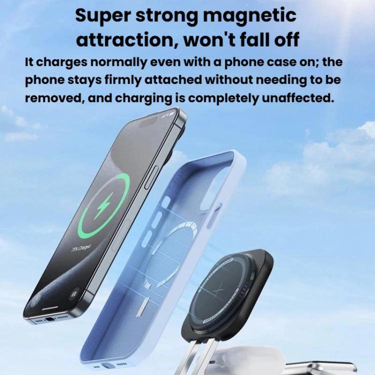 Support de charge de bureau pliable avec chargeur sans fil magnétique 3 en 1 de 15 W avec câble rétractable