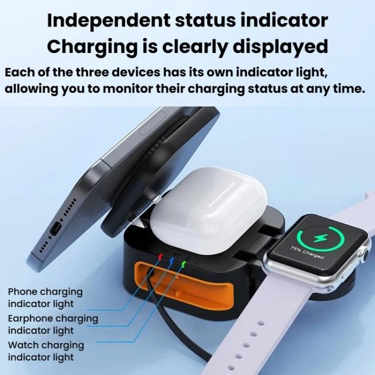 Support de charge de bureau pliable avec chargeur sans fil magnétique 3 en 1 de 15 W avec câble rétractable