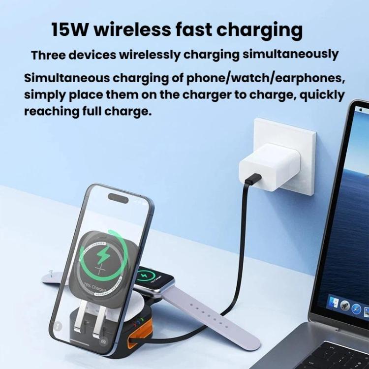 Support de charge de bureau pliable avec chargeur sans fil magnétique 3 en 1 de 15 W avec câble rétractable