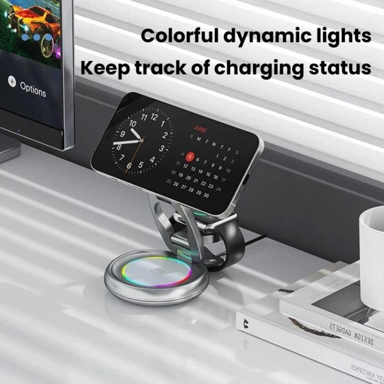 Chargeur sans fil magnétique 3 en 1 15W avec lumières LED colorées Support de charge de bureau rotatif