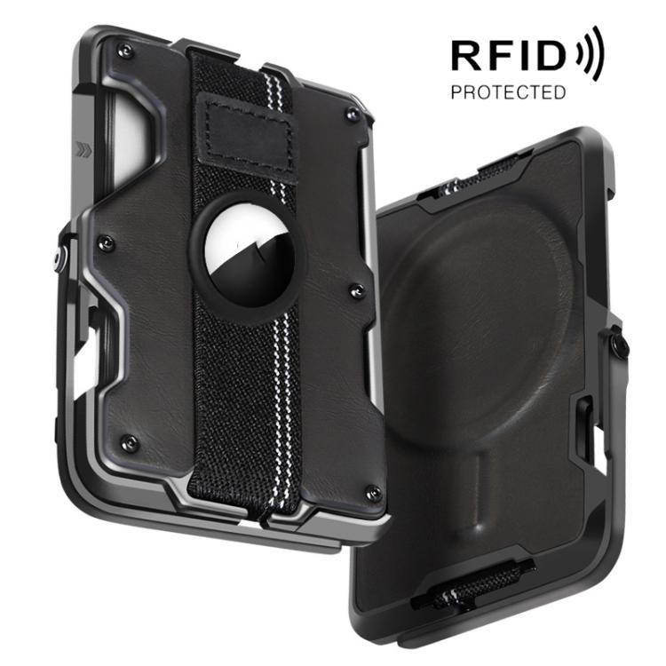 Pour AirTag 2e génération / AirTag 1re génération, porte-cartes magnétique en métal avec support de téléphone, blocage RFID, dragonne élastique