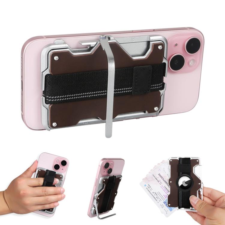 Pour AirTag 2e génération / AirTag 1re génération, porte-cartes magnétique en métal avec support de téléphone, blocage RFID, dragonne élastique