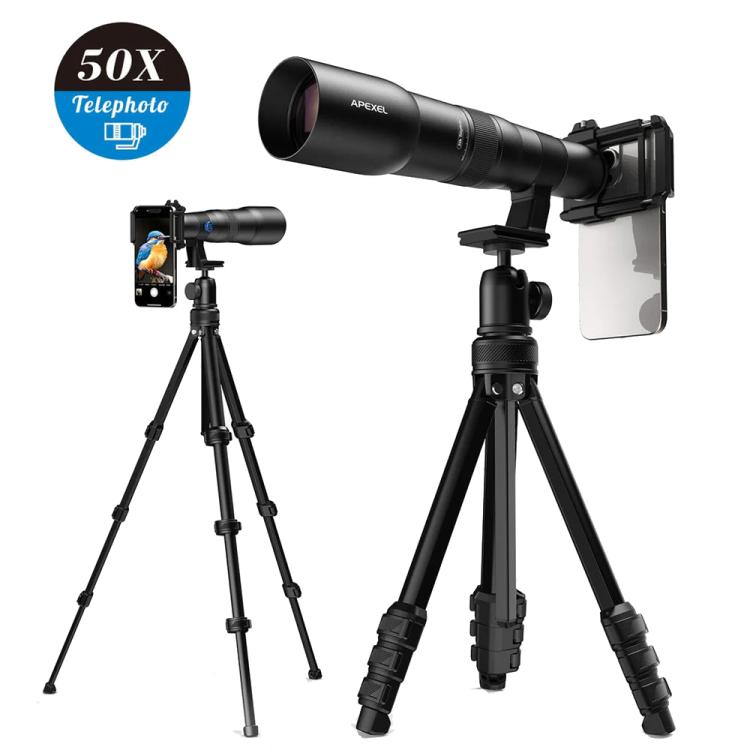 Kit d'objectif téléphoto APEXEL TeleCular 50x pour smartphone avec trépied à rotule à 360 degrés et mise au point interne, APL-T50X