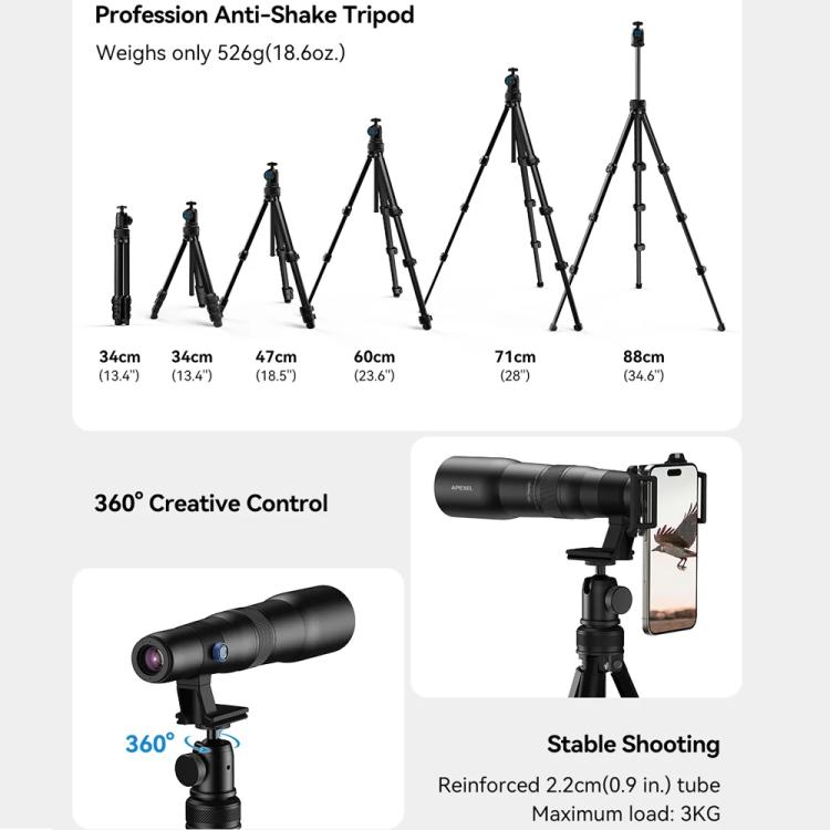 Kit d'objectif téléphoto APEXEL TeleCular 50x pour smartphone avec trépied à rotule à 360 degrés et mise au point interne, APL-T50X
